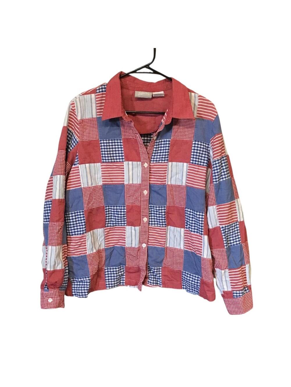Blair Women’s XL Patchwork Button Front Shirt Red Blue 100% Cotton Americana - Picture 8 of 8